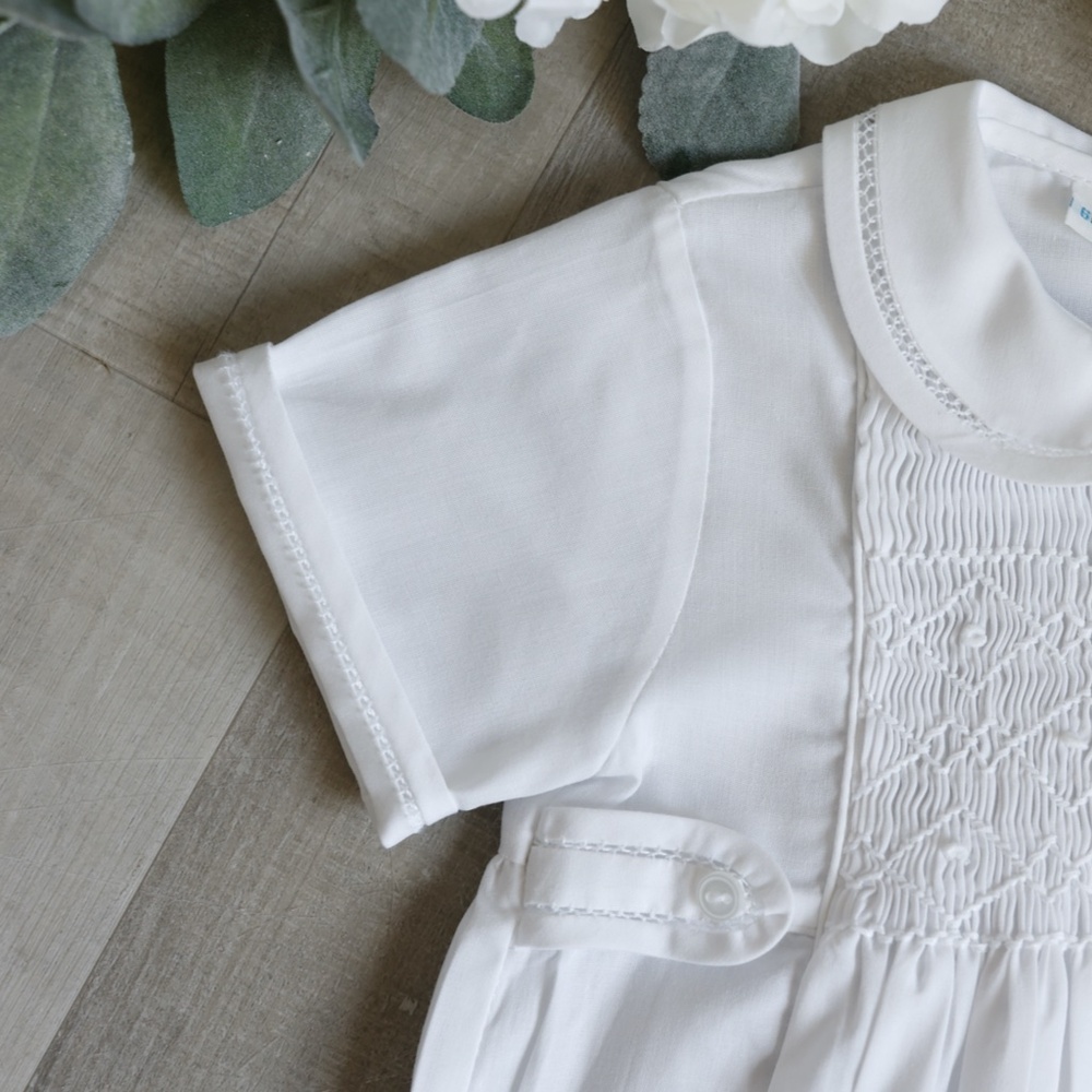 White Smocked Heirloom Romper Boys ShortAll Feltman Brothers Traditional NWT - Picture 2 of 6